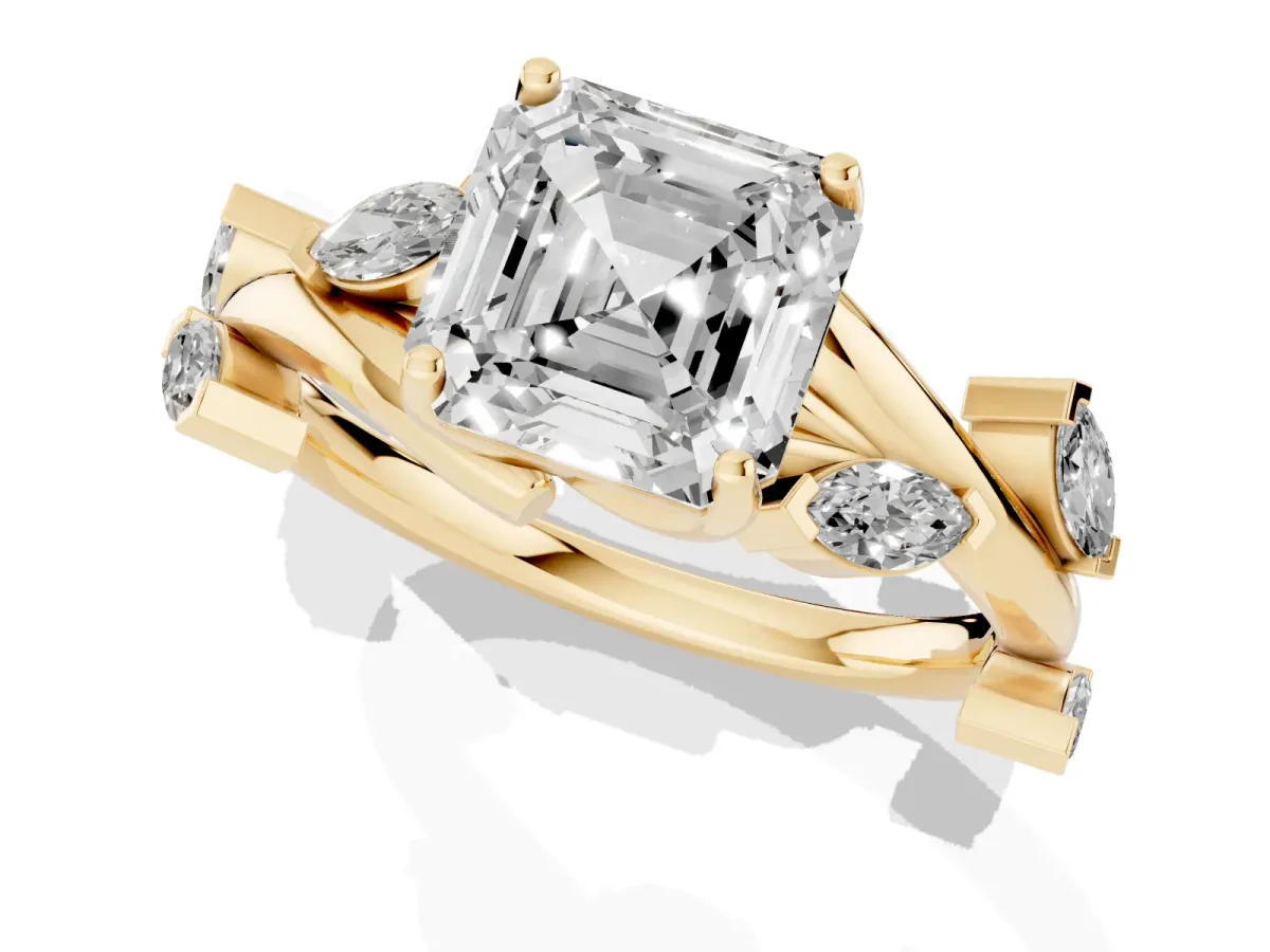 Asscher Cut Solitaire Twisted Band Marquise Accent Prong Setting Ring Yellow gold