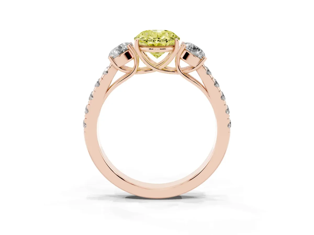 Fancy Yellow Oval Cut Cut Diamond Three-Stone Ring with Round Side Stones and Pavé Band Rose gold
