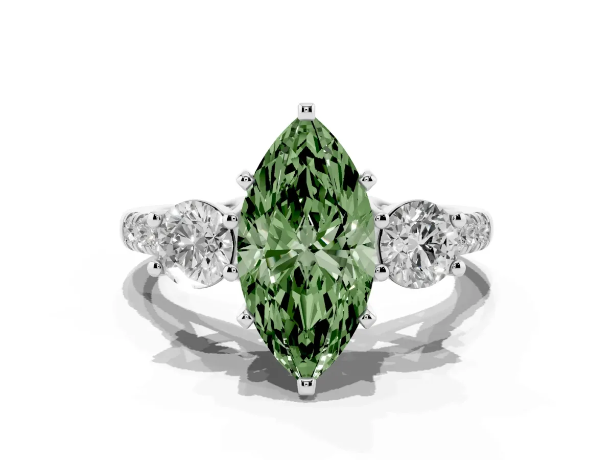Fancy Green Three-Stone Marquise Cut Diamond Pavé Band with Four-Prong Setting Silver