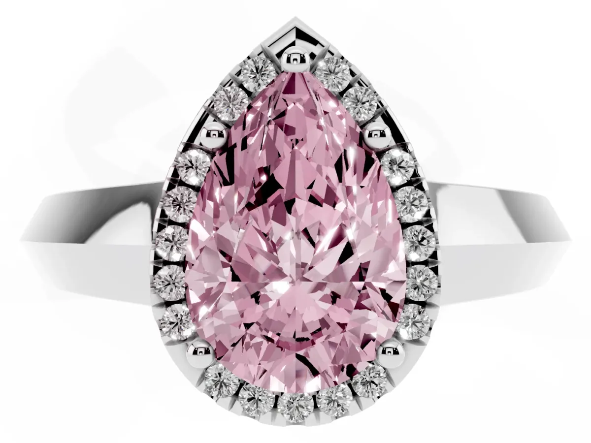 Fancy Pink Pear Cut Halo Diamond Ring with Cathedral Band and Four-Prong Setting Silver