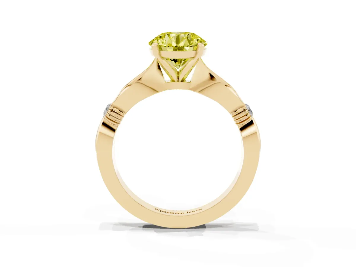 Fancy Yellow Round Cut Solitaire Diamond Twisted Band with Four-Prong Setting Yellow gold