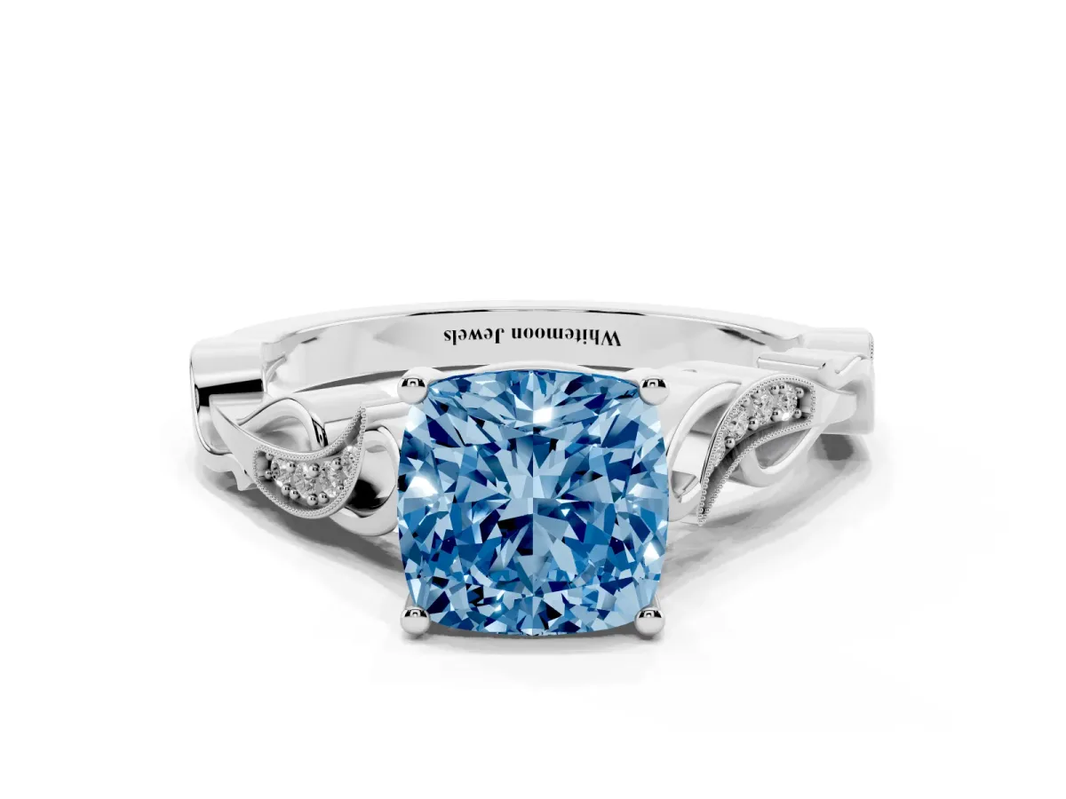 Fancy Blue Cushion Cut Solitaire Vine Band with Milgrain Prong Setting Silver