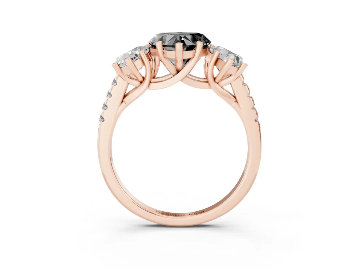 Fancy Black Three-Stone Heart Cut Diamond Ring with Round Pavé Band and Prong Setting Rose gold