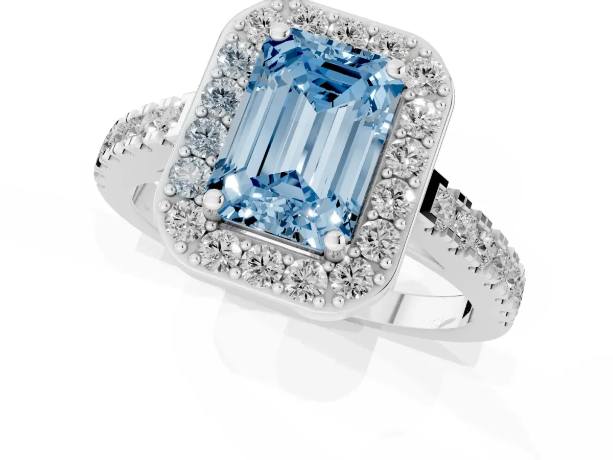 Fancy Blue Emerald Cut Diamond Halo Ring with Round Pavé Split Shank and Prong Setting Platinum