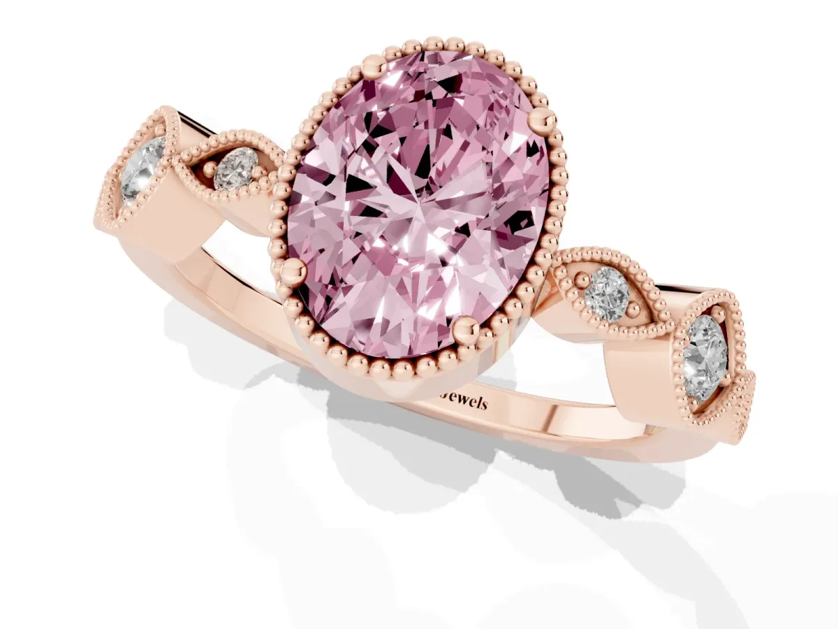 Fancy Pink Oval Cut Diamond Vintage Milgrain Ring with Round Stations Rose gold