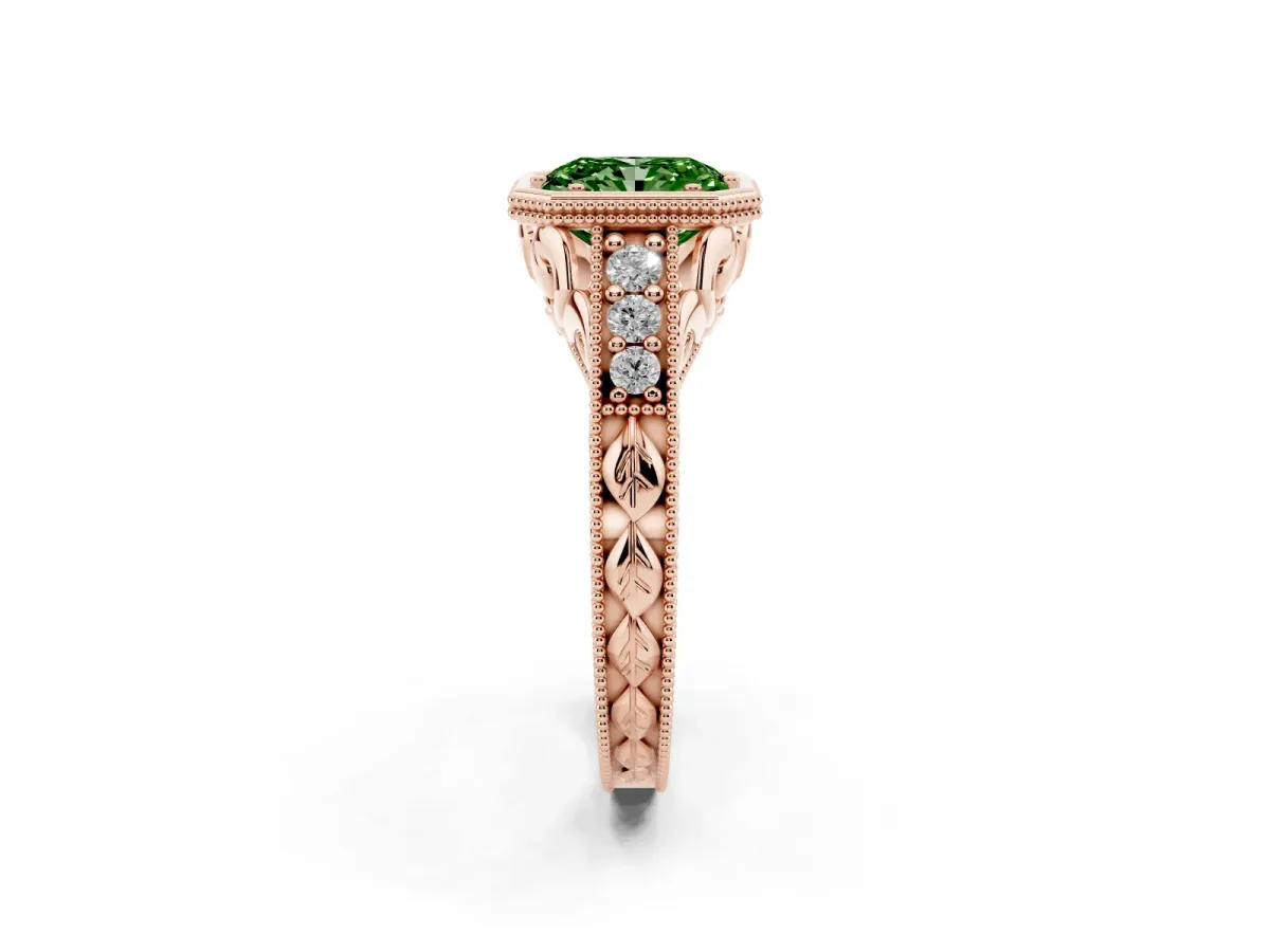 Fancy Green Bezel Set Radiant Cut Diamond Milgrain Pave Engagement Ring Rose gold