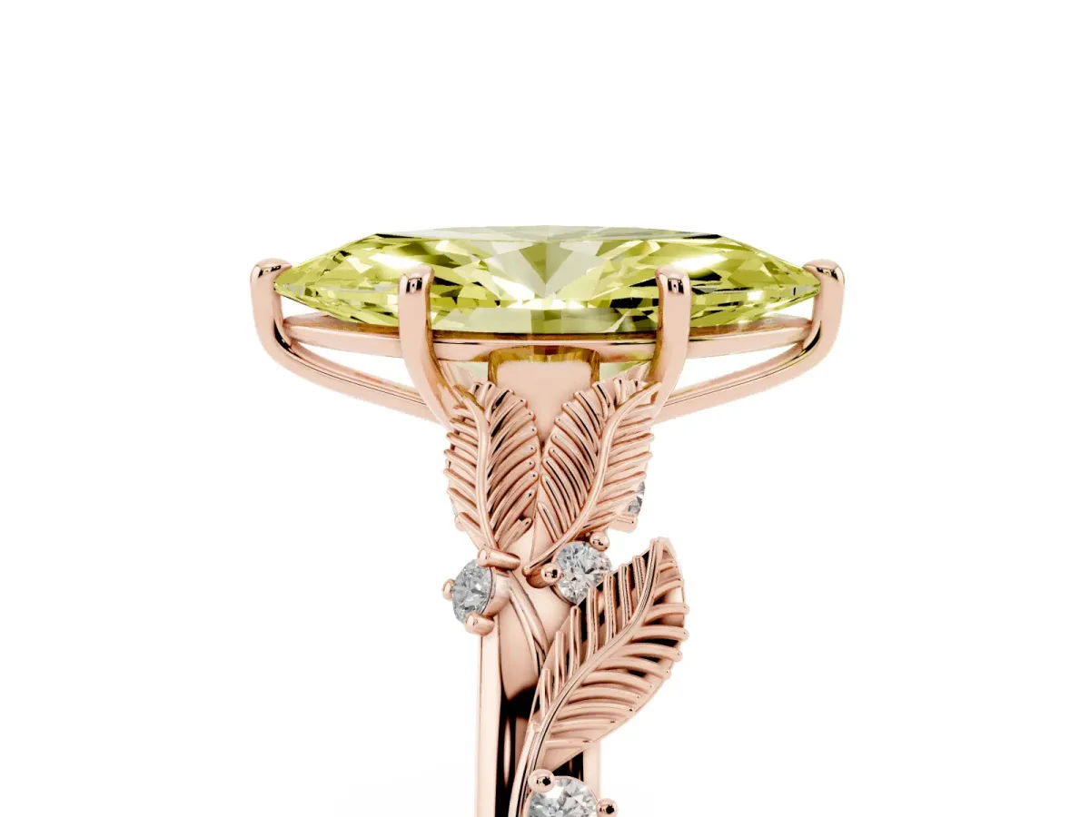Fancy Yellow Marquise Cut Diamond Solitaire Ring with Leaf Motif Band and Four-Prong Setting Rose gold