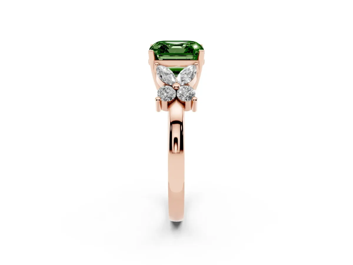 Fancy Green Asscher Cut Diamond Floral Cluster Ring with Solitaire Band and Prong Setting Rose gold