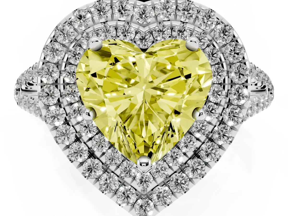 Fancy Yellow Heart Cut Diamond Double Halo Ring with Pavé Band and Prong Setting Platinum