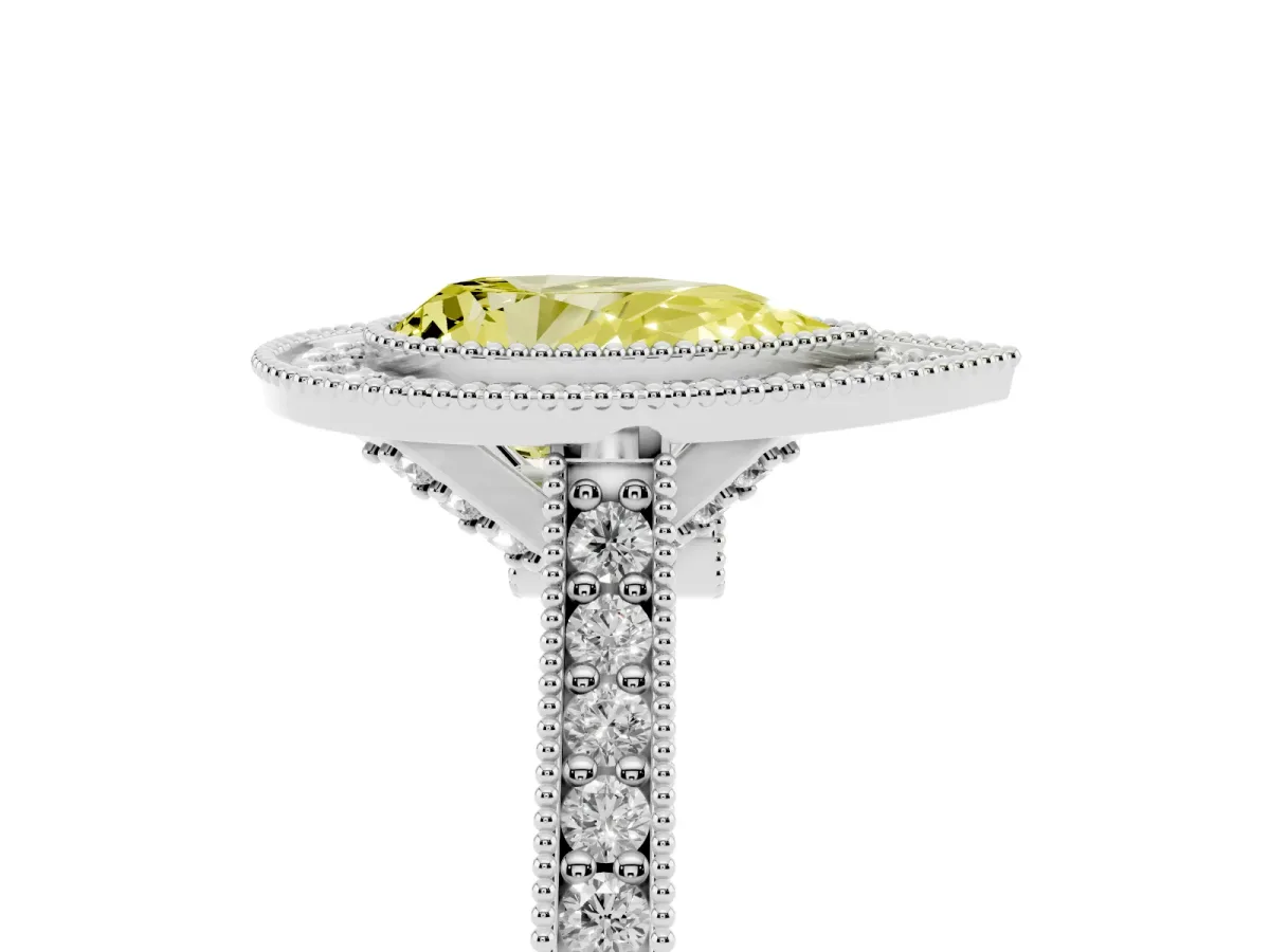 Fancy Yellow Halo Pear Cut-Cut Diamond Pave Band Milgrain Prong Setting Ring Platinum