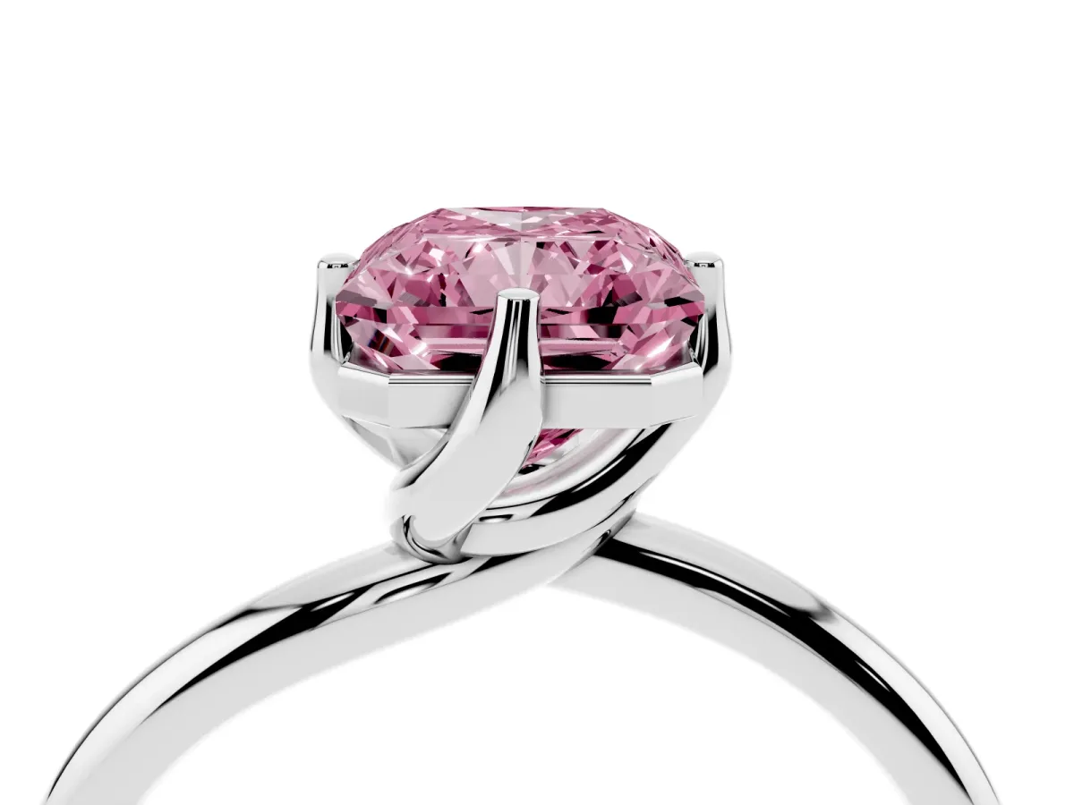 Fancy Pink Radiant Cut Diamond Solitaire Engagement Ring with Four-Prong Setting and Classic Band Silver