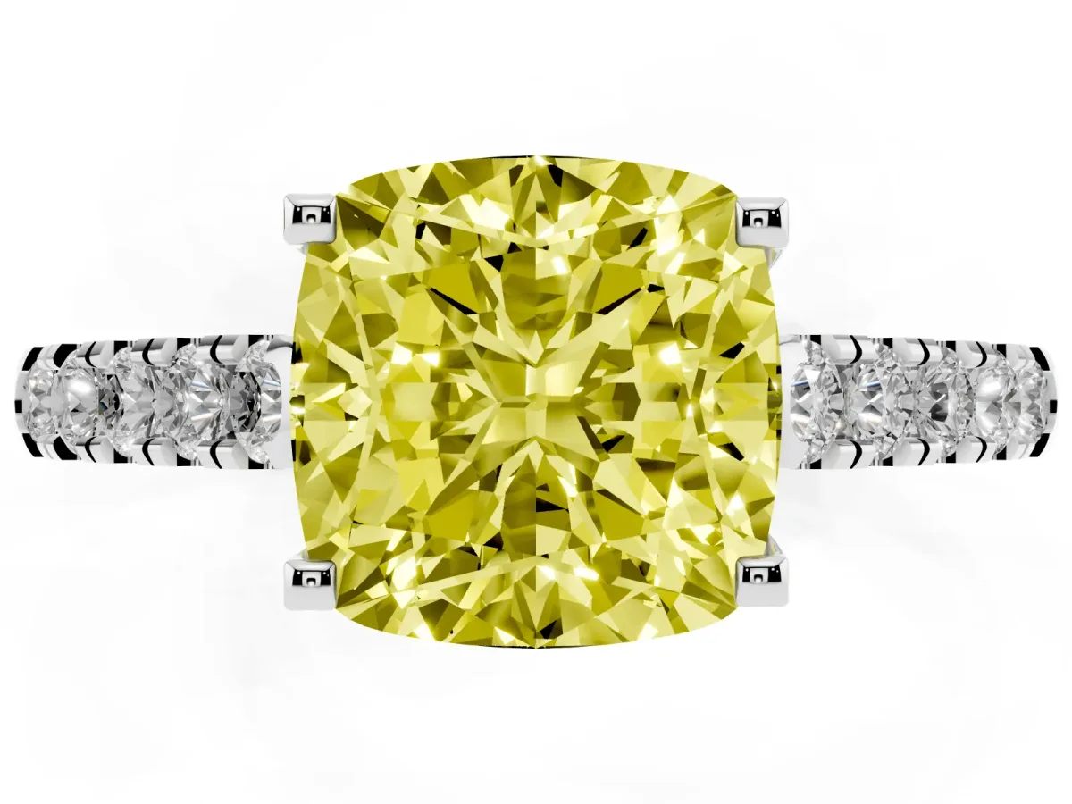 Fancy Yellow Cushion Cut Diamond Pavé Band Solitaire Ring with Prong Setting Platinum