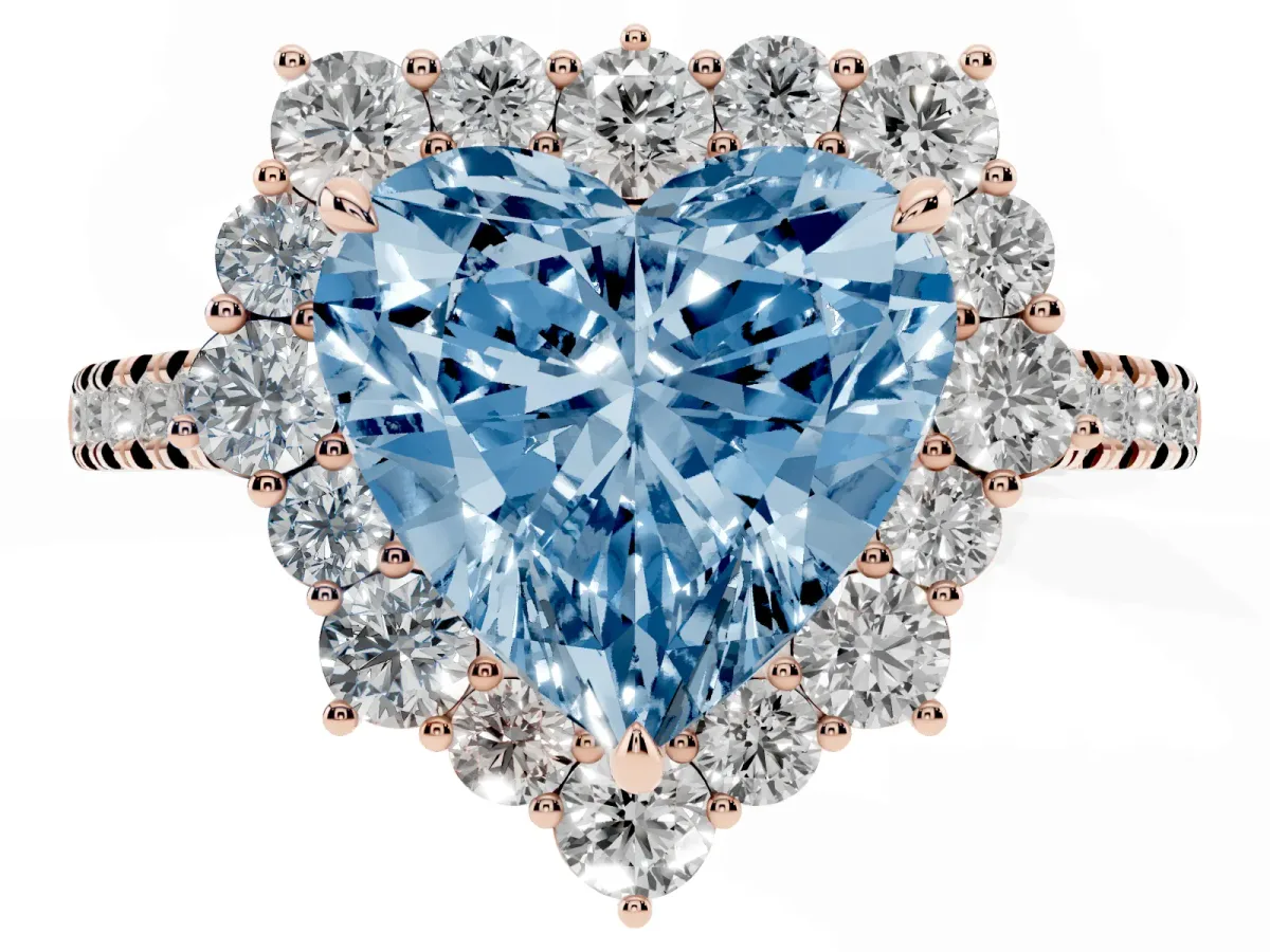 Fancy Blue Heart Cut Halo Diamond Ring with Pavé Band and Prong Setting Rose gold