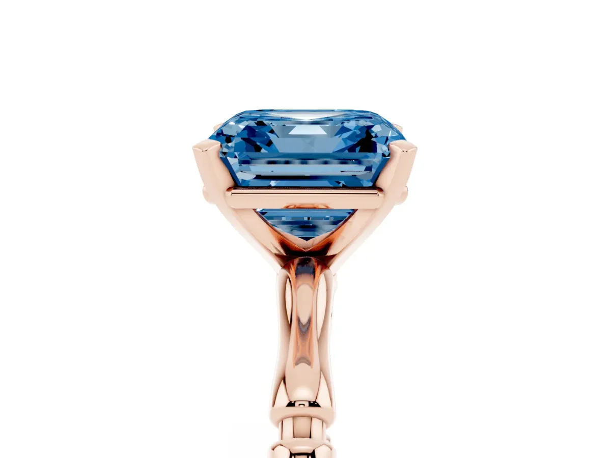 Fancy Blue Asscher Cut Solitaire Diamond Ring with Bamboo Band and Four-Prong Setting Rose gold