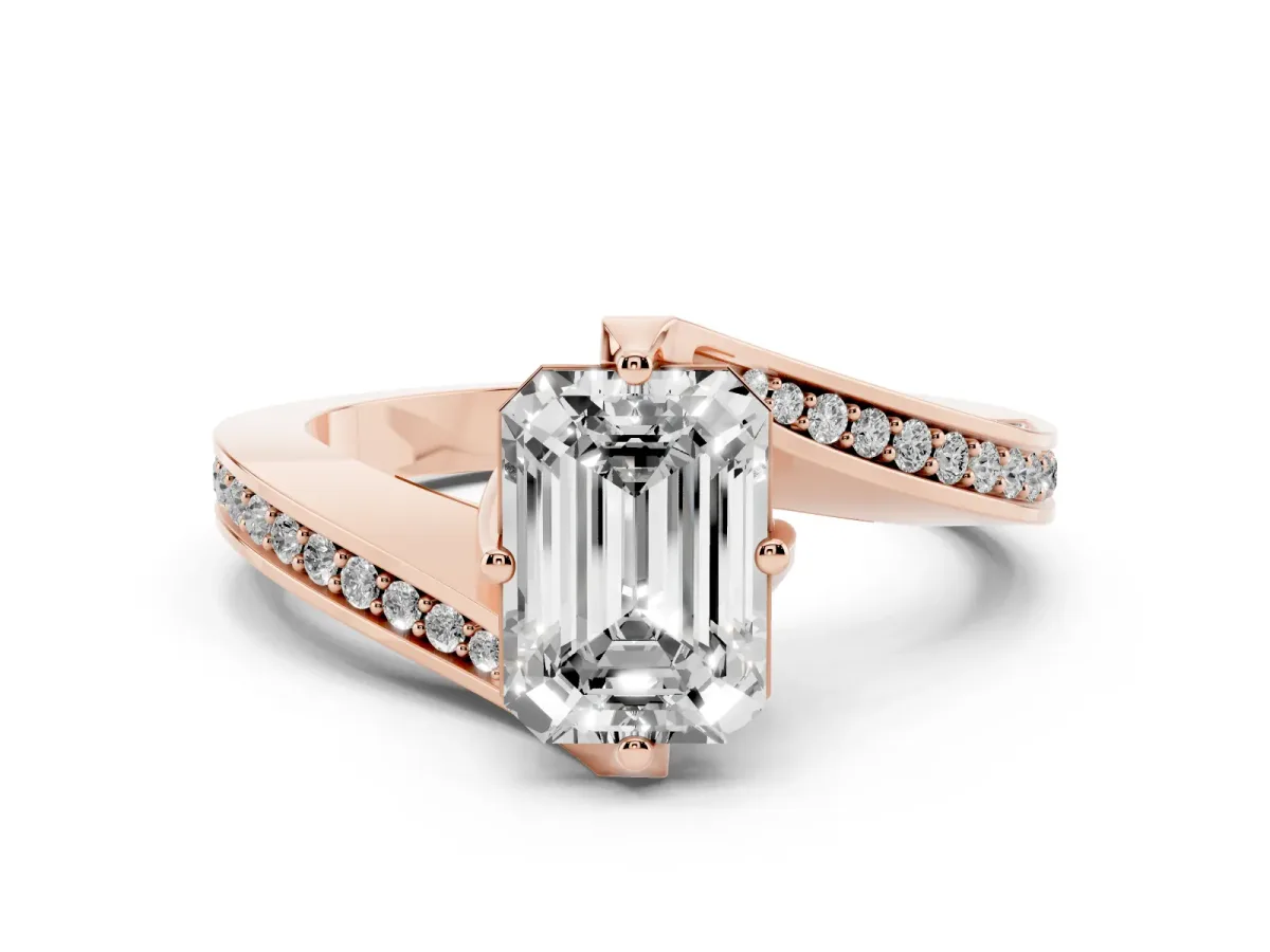 Emerald Cut Solitaire Diamond Twist Band with Pavé Setting and Four-Prong Setting Rose gold