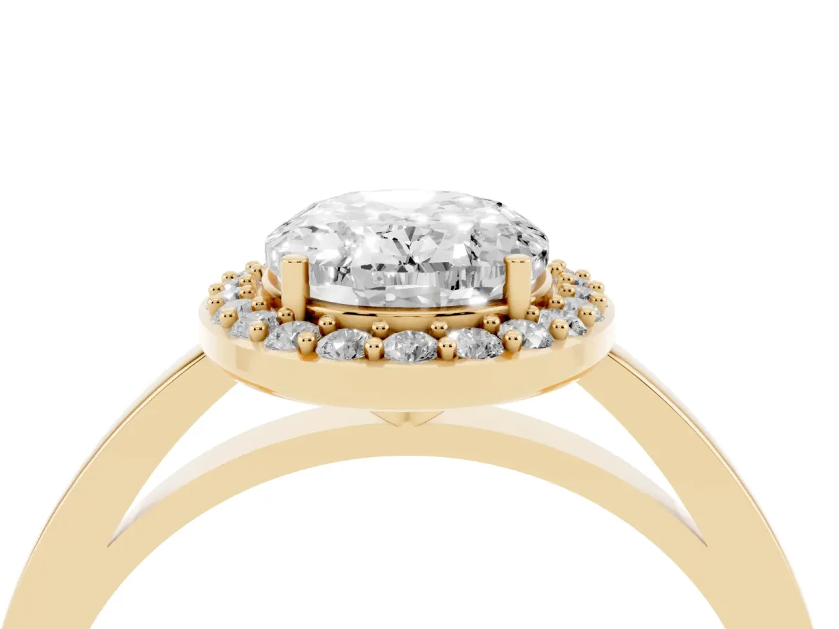 Oval Cut Halo Diamond Ring with Solitaire Band and Prong Setting Yellow gold