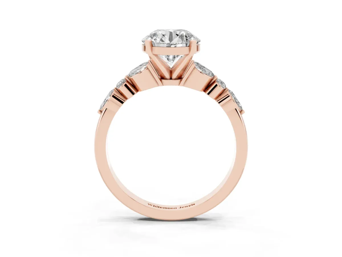 Round Cut Diamond Solitaire Ring with Side Stones and Four-Prong Setting Rose gold