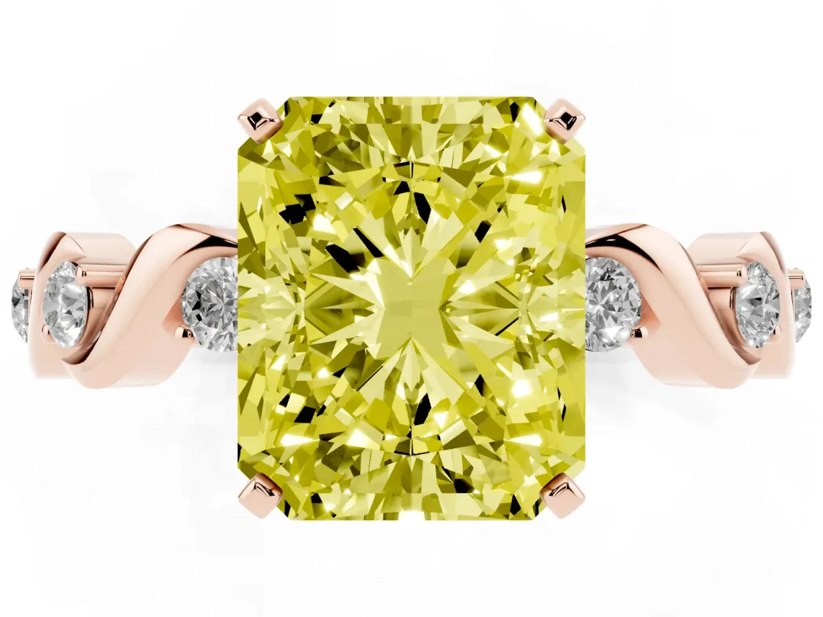 Fancy Yellow Radiant Cut Diamond Solitaire Twisted Band with Round Accents and Prong Setting Rose gold