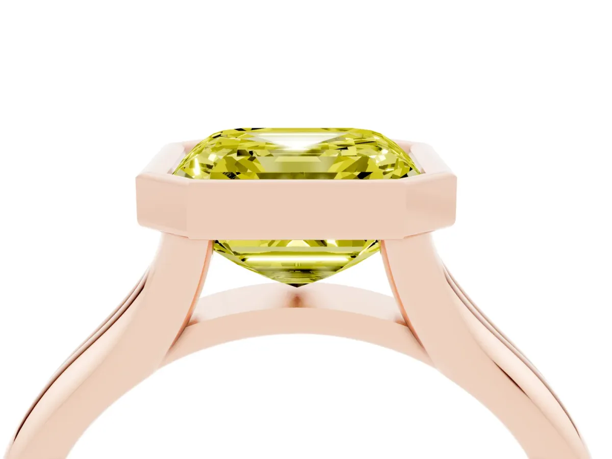 Fancy Yellow Bezel Set Asscher Cut Solitaire Diamond Ring with Smooth Band Rose gold