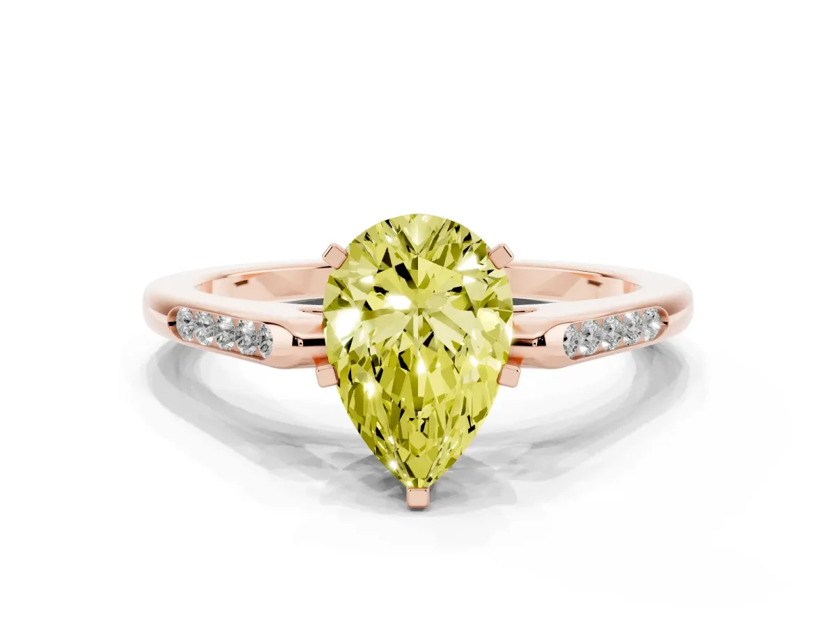 Fancy Yellow Pear Cut Diamond Solitaire Ring with Channel Set Round Band and Prong Setting Rose gold
