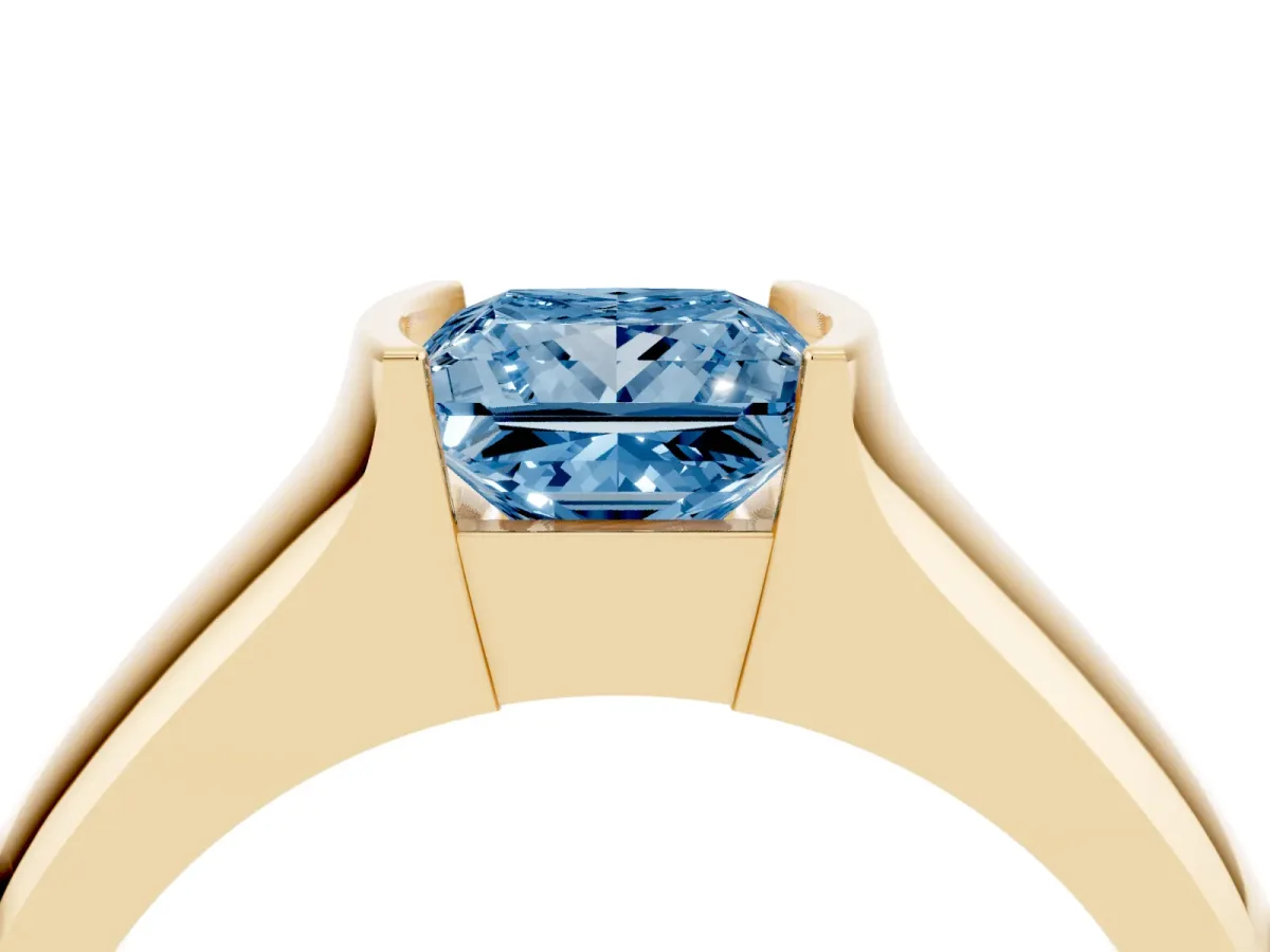 Fancy Blue Princess Cut Solitaire Bezel Set Diamond Ring with Wide Band Yellow gold