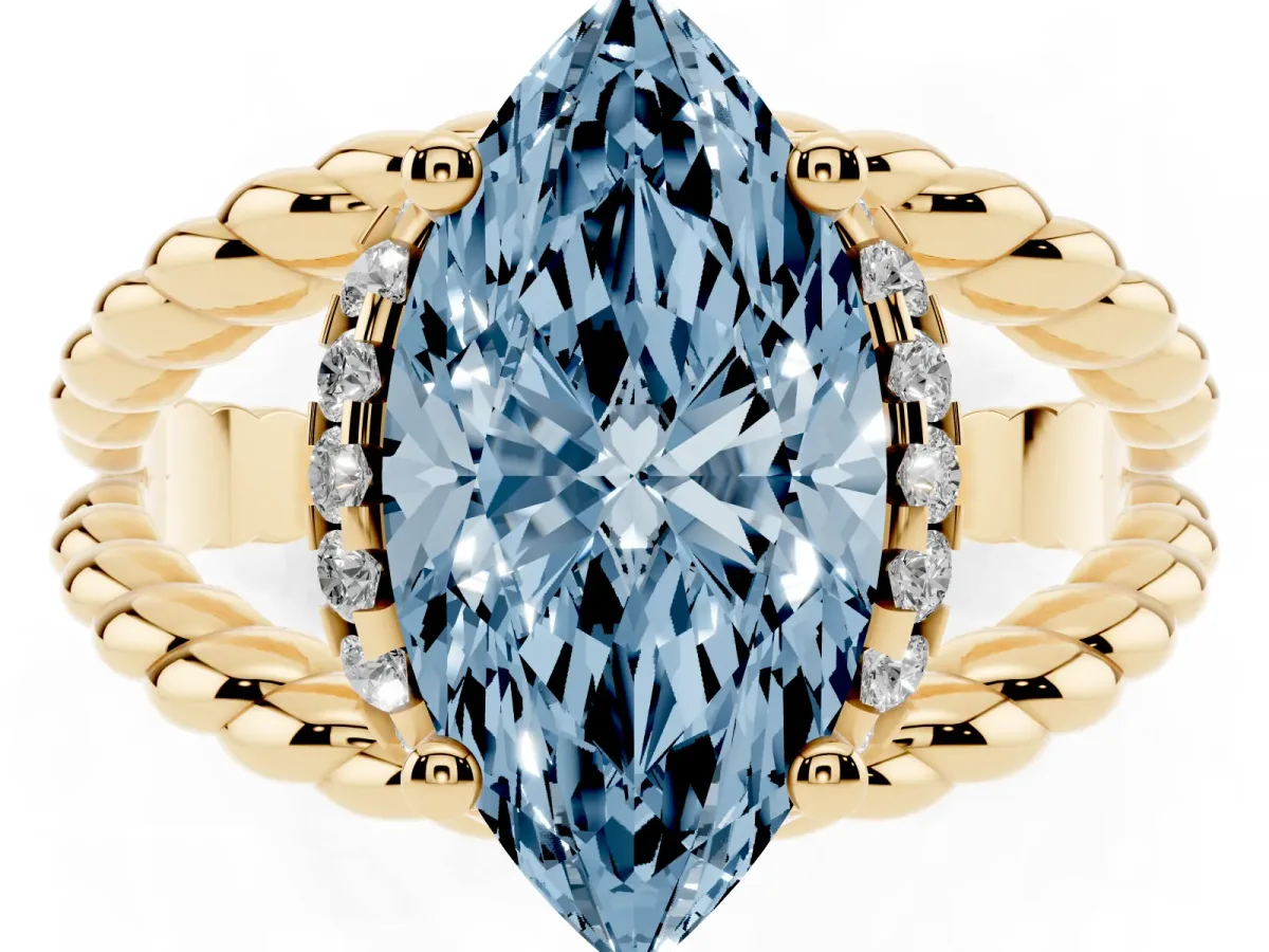 Fancy Blue Marquise Cut Halo Twisted Band Four-Prong Ring Yellow gold