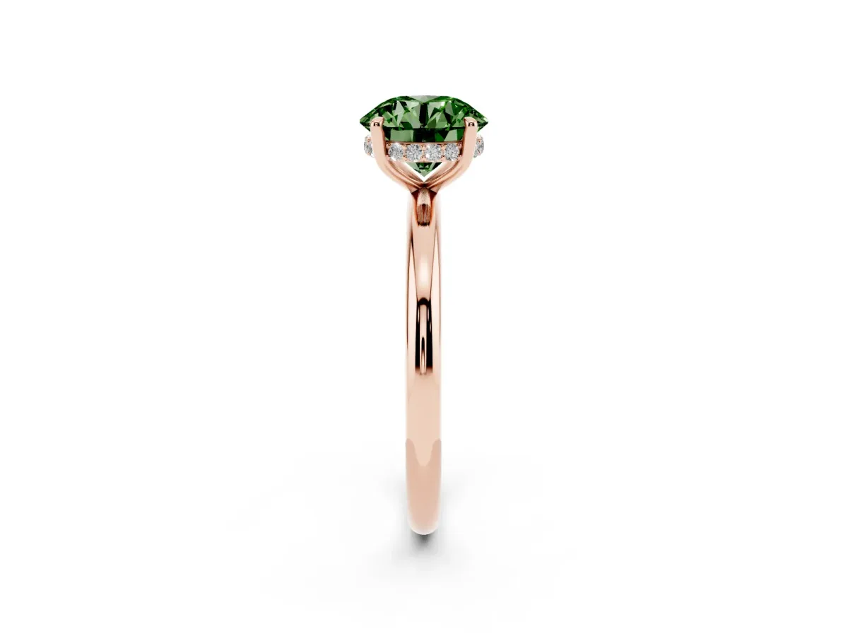 Fancy Green Round Cut Diamond Solitaire Ring with Thin Band and Four-Prong Setting Rose gold