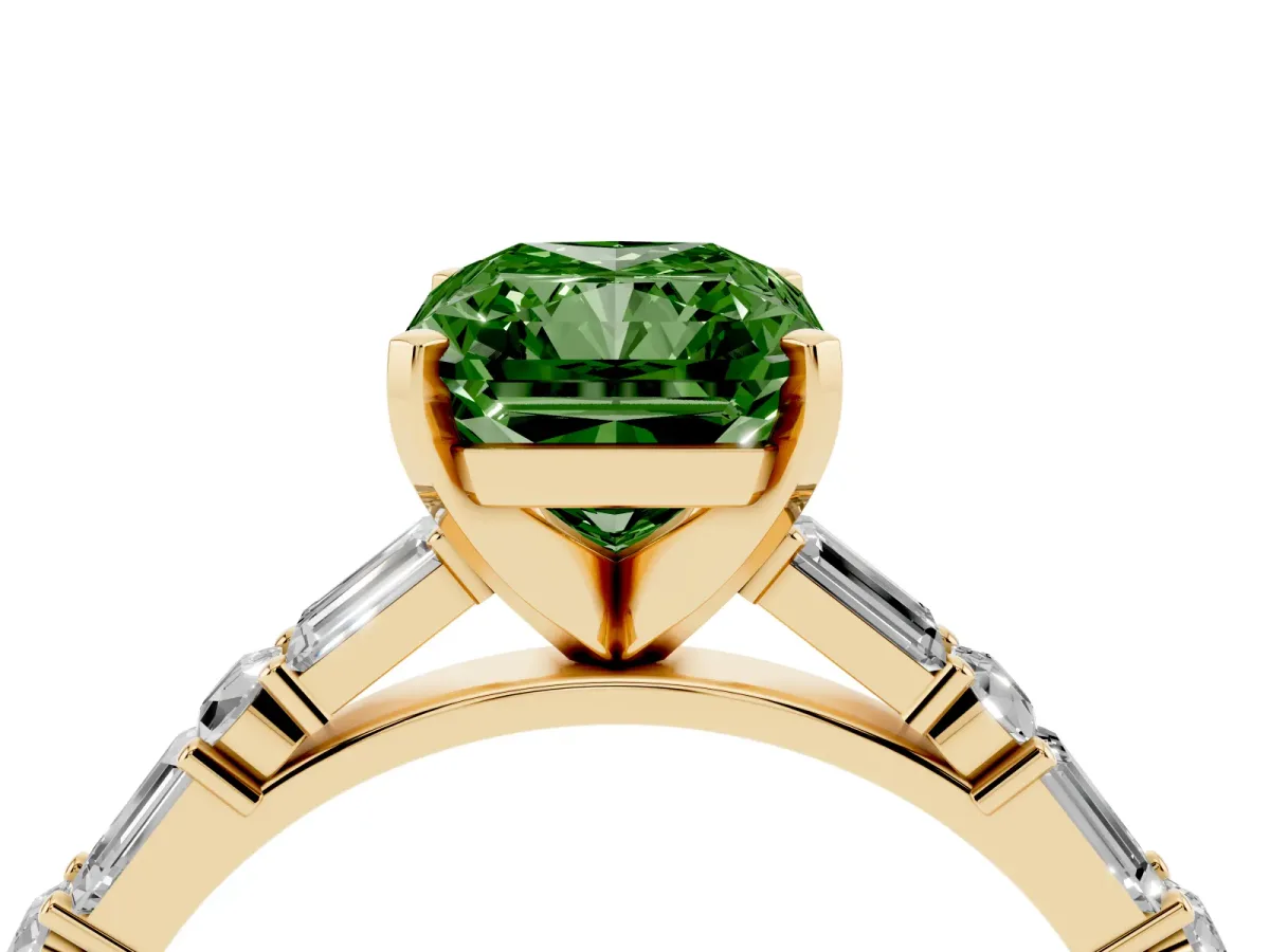 Fancy Green Radiant Cut Diamond Solitaire with Side Baguettes and Channel Set Band Yellow gold