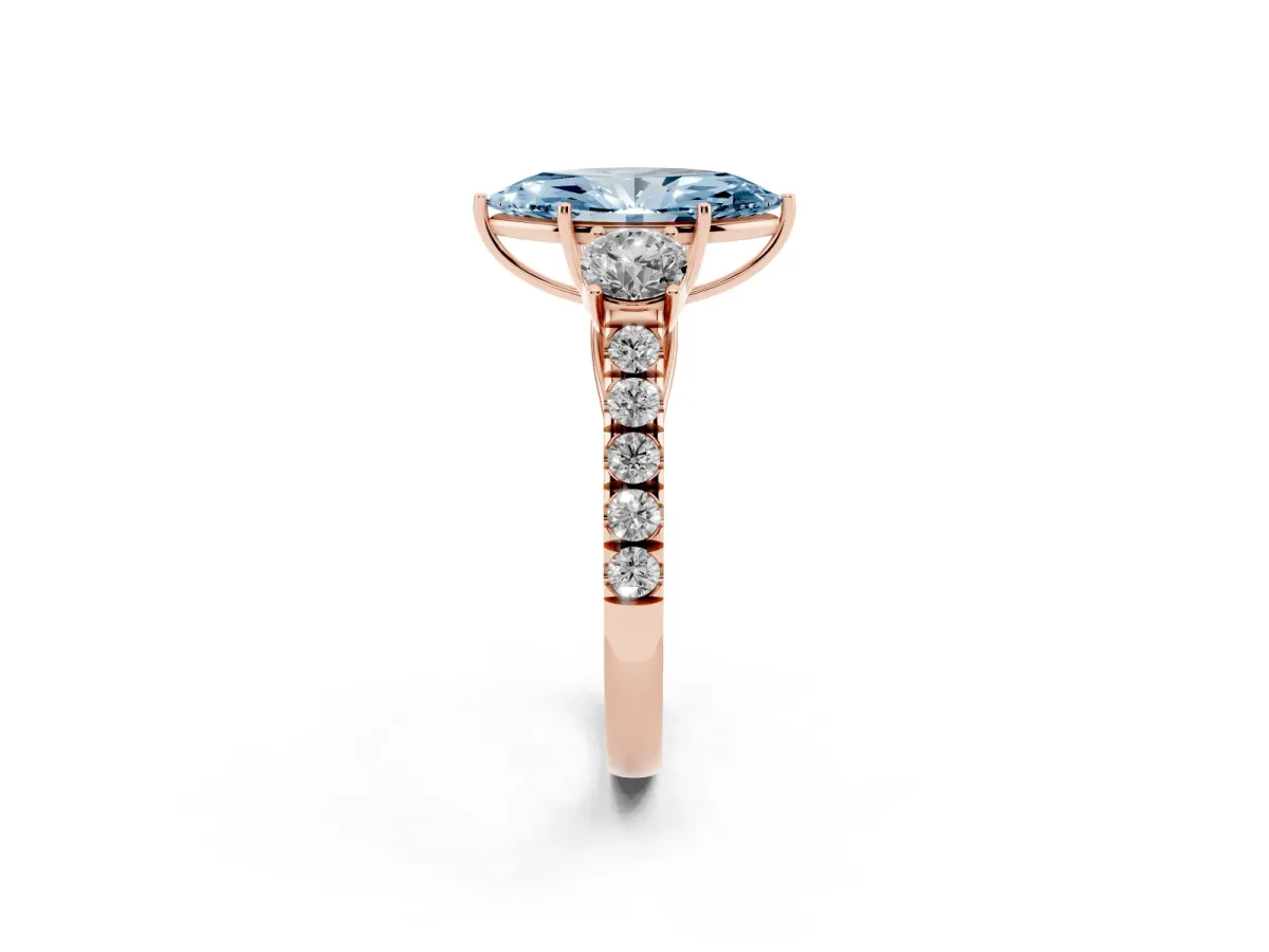 Fancy Blue Marquise Cut Cut Diamond Three-Stone Ring with Round Side Stones and Pavé Band Rose gold