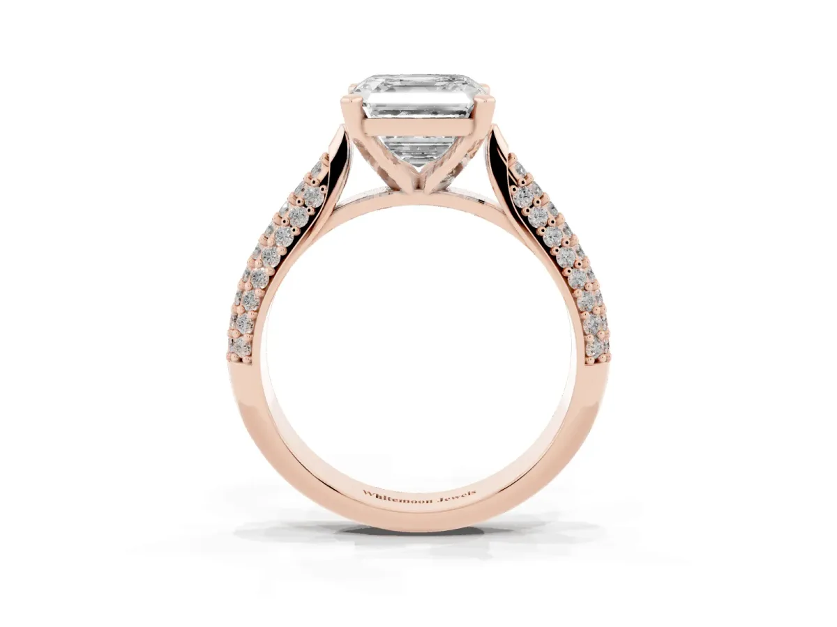 Asscher Cut Diamond Solitaire Engagement Ring with Multi-Row Round Pavé Band and Prong Setting Rose gold