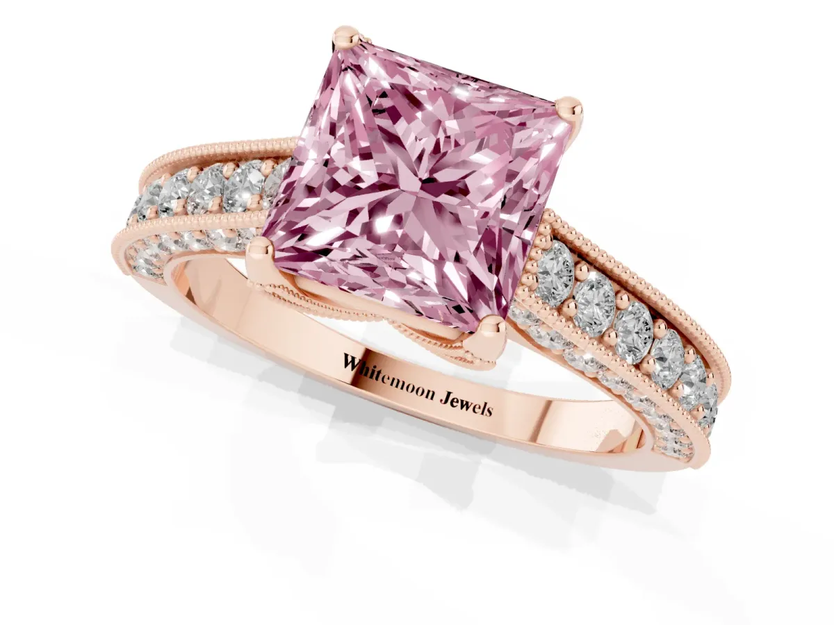 Fancy Pink Princess Cut Cut Diamond Solitaire Ring with Milgrain Pave Band and Four Prong Setting Rose gold