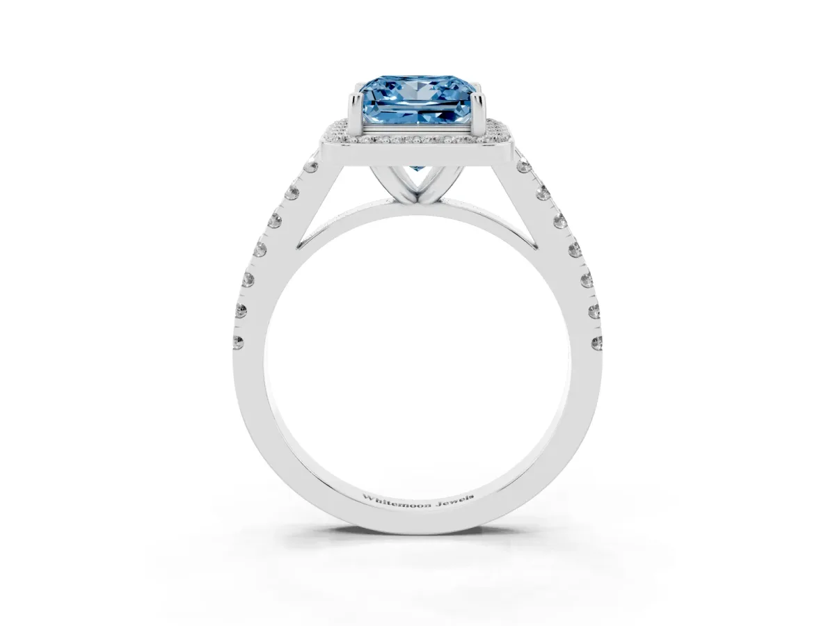 Fancy Blue Princess Cut Diamond Halo Ring with Round Pavé Split Shank and Prong Setting Silver