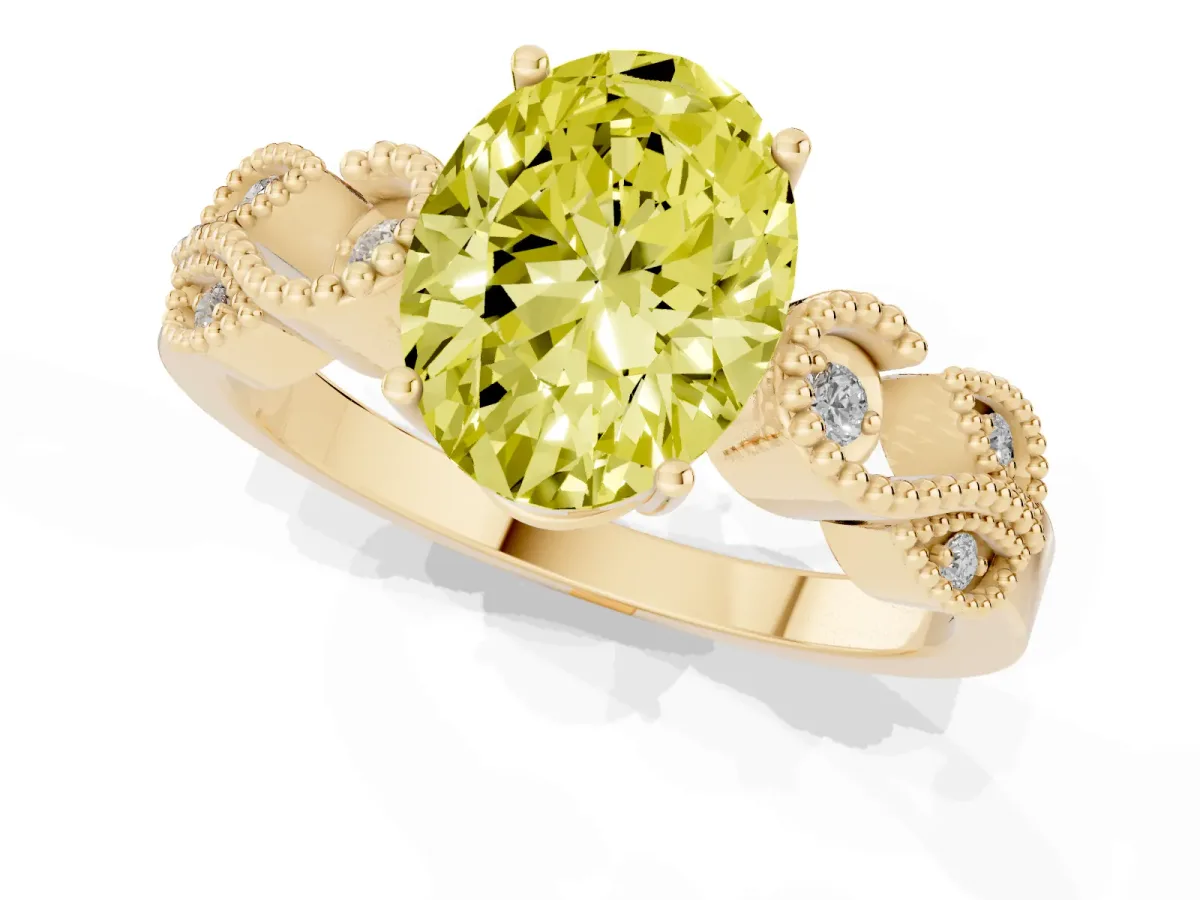 Fancy Yellow Oval Cut Solitaire Milgrain Leaf Band with Prong Setting Yellow gold