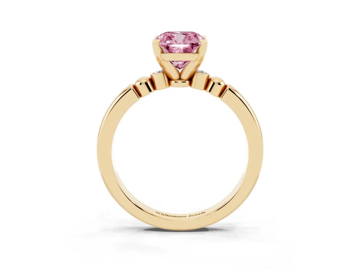 Fancy Pink Cushion Cut Solitaire Beaded Band with Four-Prong Setting Yellow gold