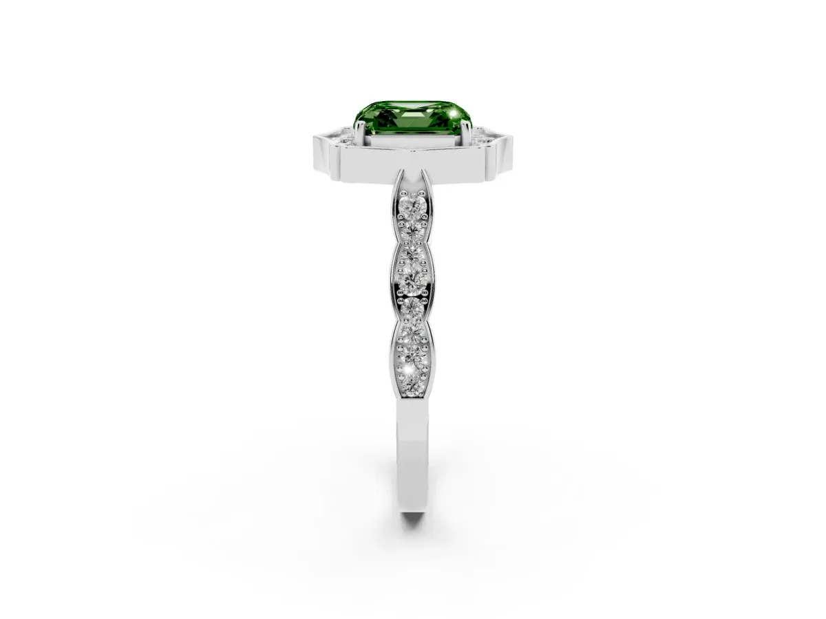 Fancy Green Asscher Cut Halo Diamond Engagement Ring with Milgrain Band and Four-Prong Setting Platinum