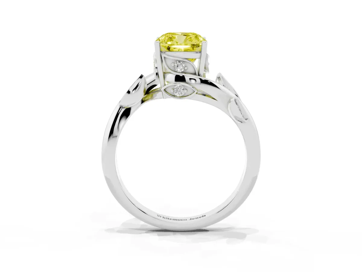 Fancy Yellow Cushion Cut Solitaire Twist Engagement Ring with Leaf Accents and Prong Setting Platinum