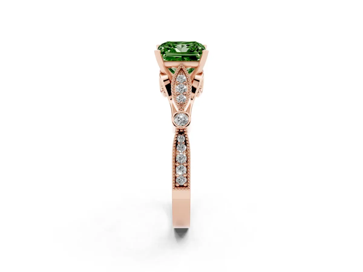 Fancy Green Princess Cut Cut Diamond with Milgrain Marquise and Bezel Accents on a Solitaire Band with Prong Setting Rose gold