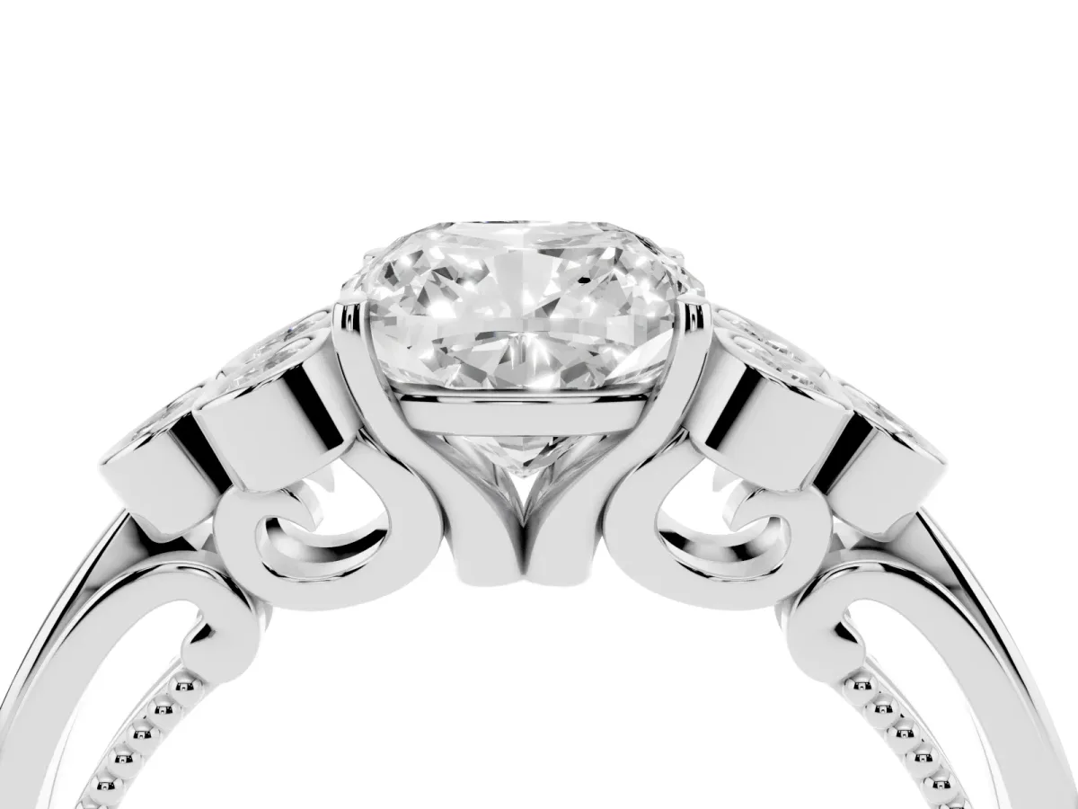 Cushion Cut Cut Diamond Engagement Ring with Bezel Set Round Side Stones and Prong Setting Platinum