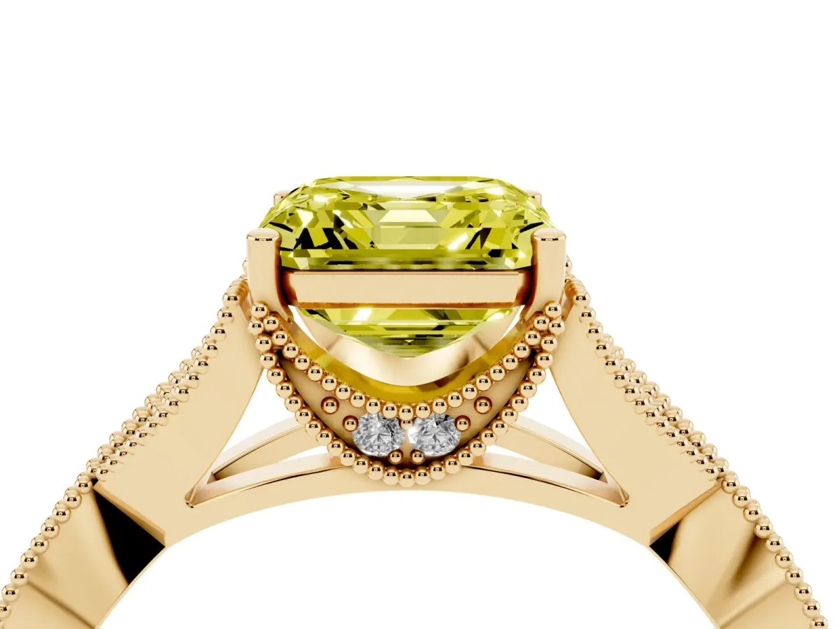 Fancy Yellow Asscher Cut Cut Diamond Twisted Band with Milgrain Pave Setting and Four-Prong Setting Yellow gold