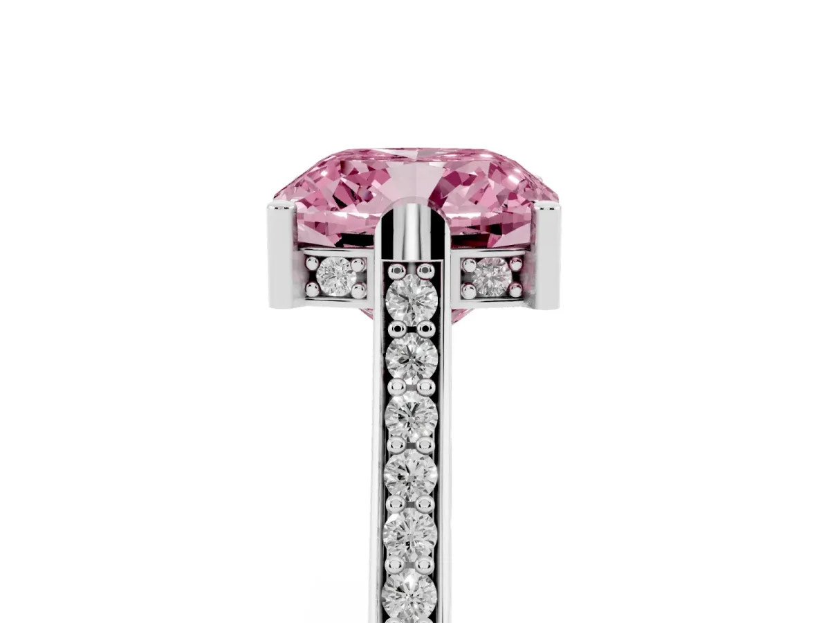Fancy Pink Cushion Cut Solitaire Diamond Ring with Channel Set Band and Bezel Prong Setting Platinum