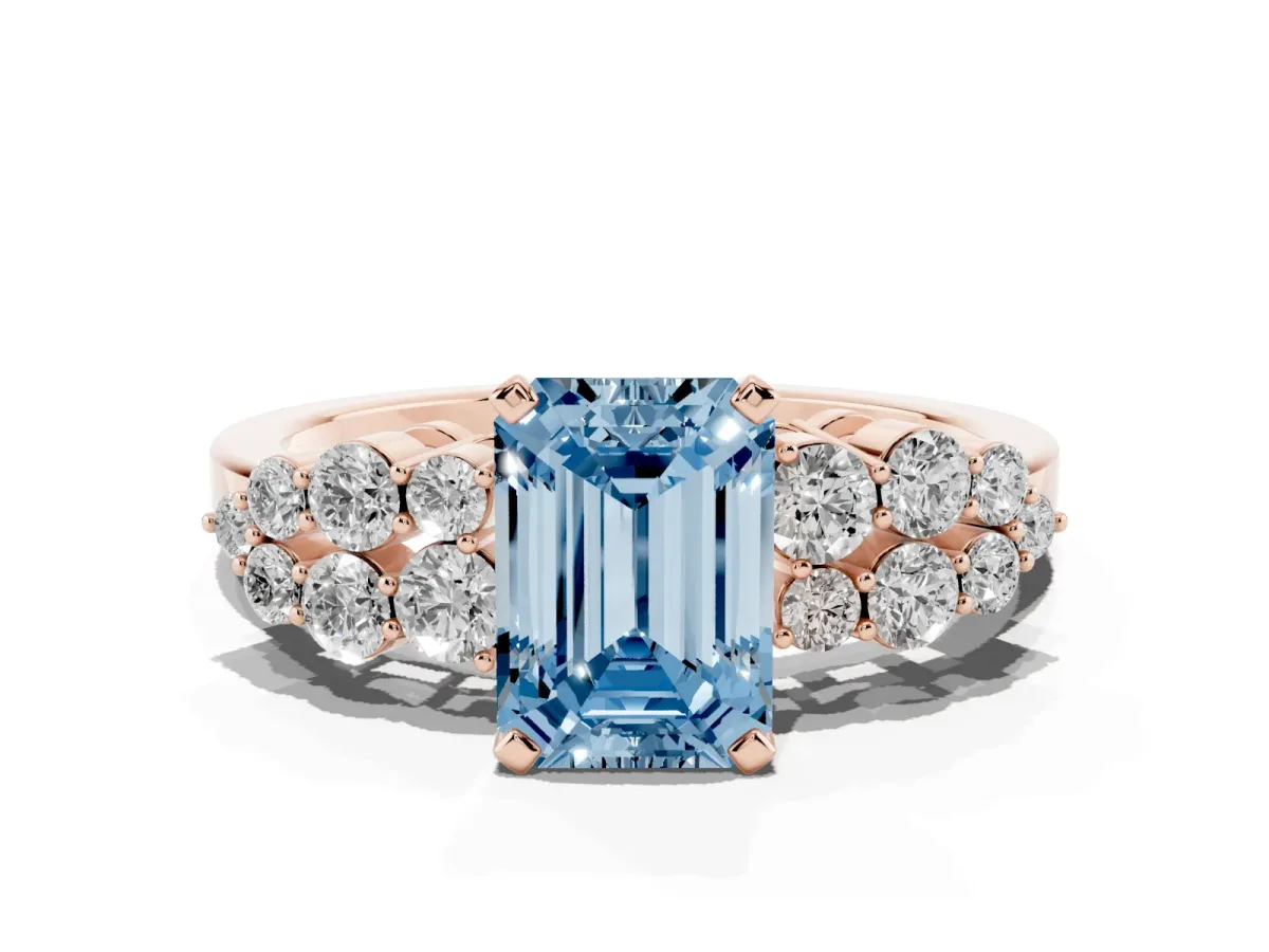 Fancy Blue Emerald Cut Cluster Diamond Engagement Ring with Pavé Band and Four-Prong Setting Rose gold