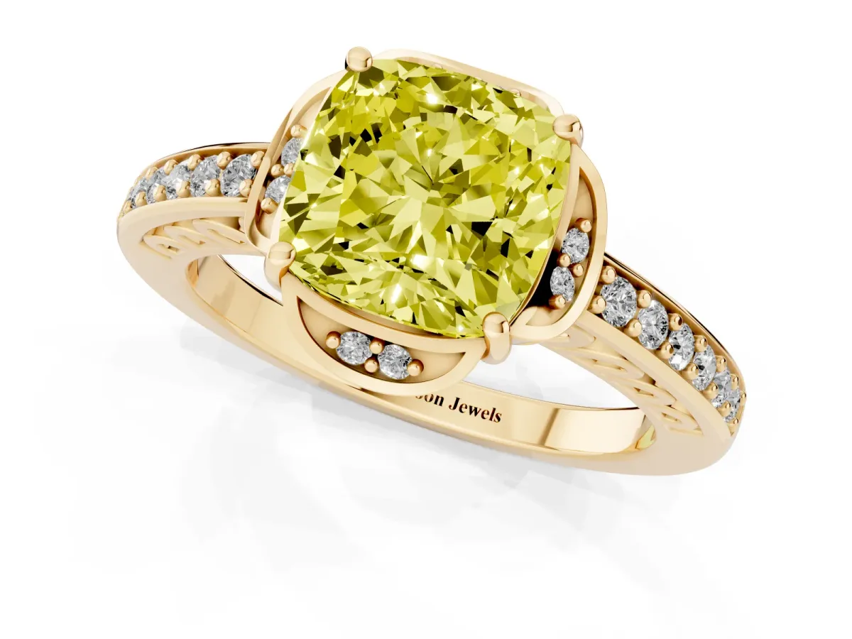 Fancy Yellow Cushion Cut Cut Halo Diamond Ring with Channel Set Band and Four-Prong Setting Yellow gold