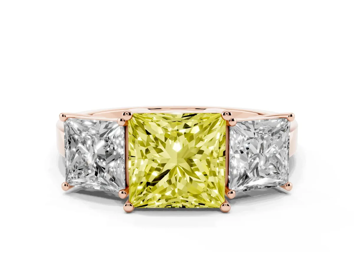 Fancy Yellow Three-Stone Princess Cut Cut Diamond Engagement Ring with Flat Band and Four-Prong Setting Rose gold