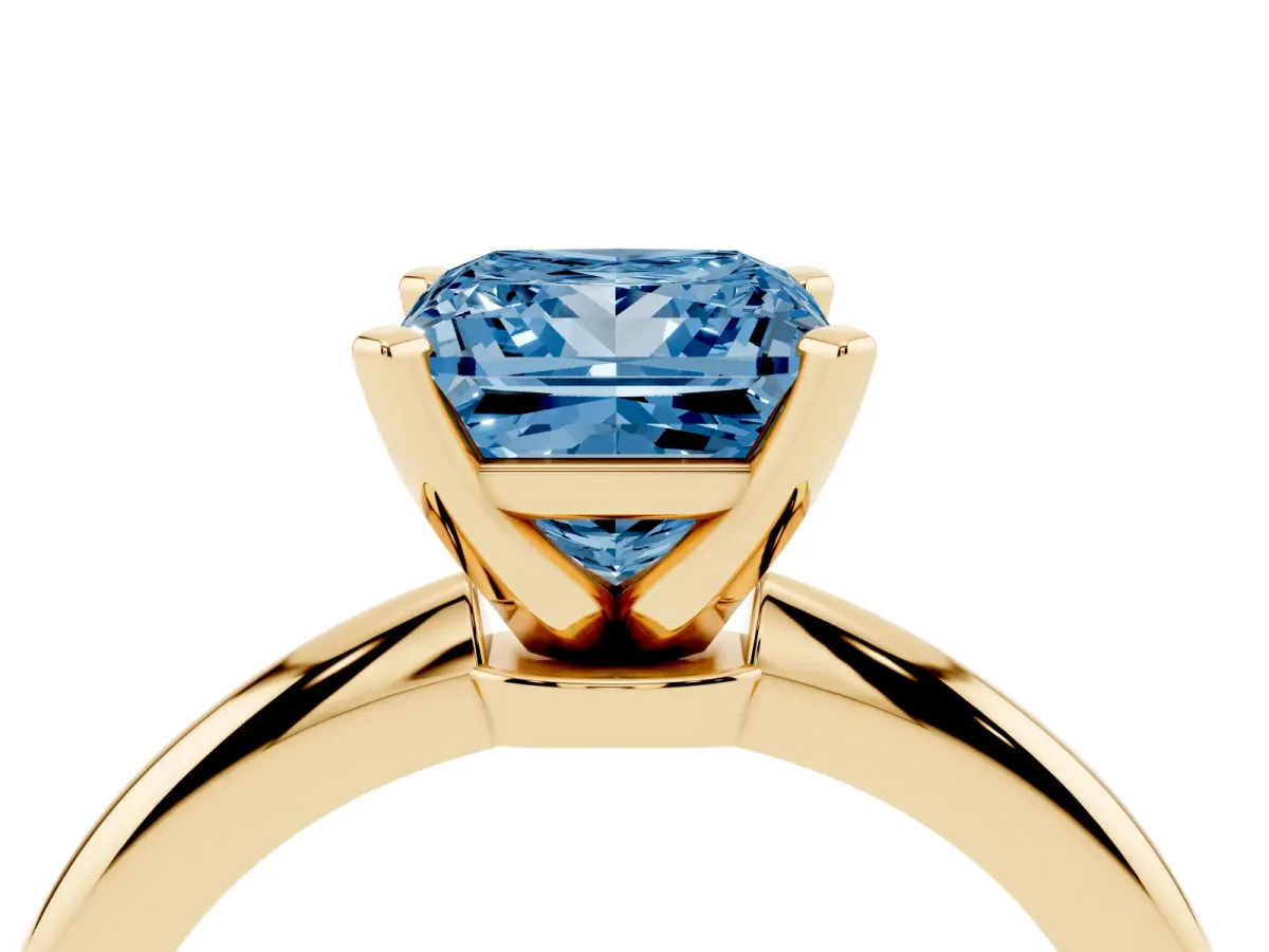 Fancy Blue Princess Cut Diamond Solitaire Ring with Prong Setting and Classic Band Yellow gold