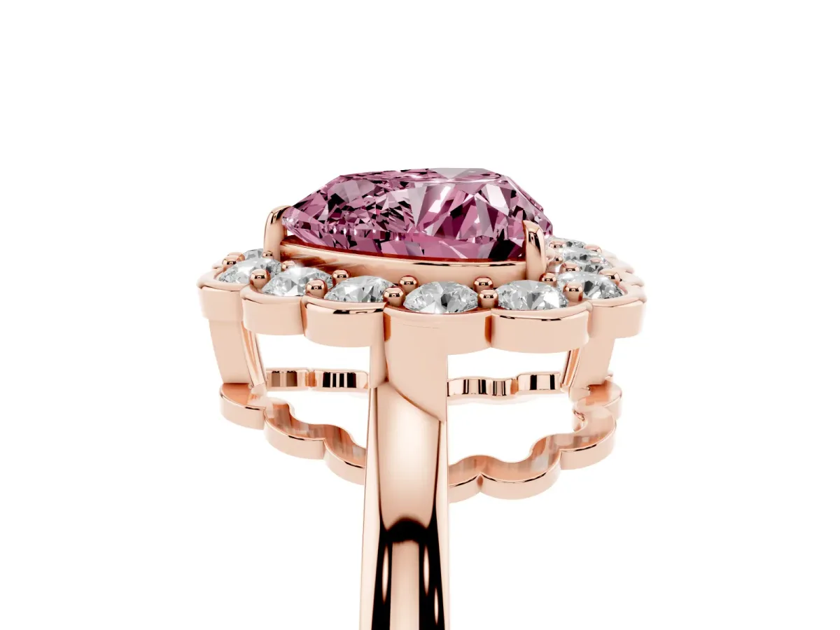 Fancy Pink Heart Cut Halo Cluster Diamond Engagement Ring with Solitaire Band and Prong Setting Rose gold