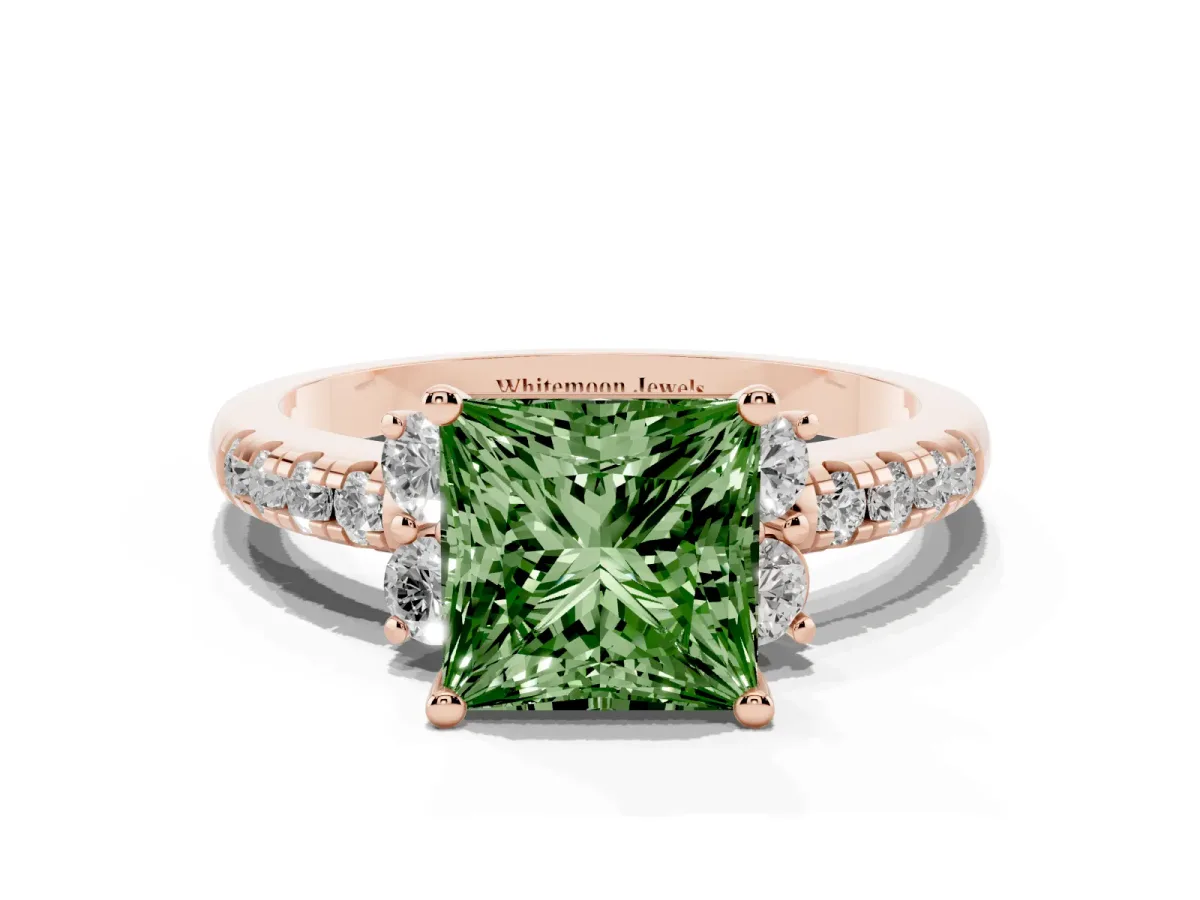 Fancy Green Princess Cut Diamond Three-Stone Pave Band with Four-Prong Setting Rose gold