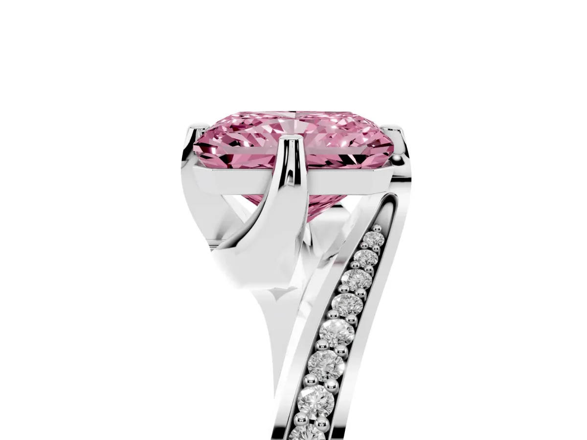 Fancy Pink Radiant Cut Solitaire Diamond Twist Band with Pavé Setting and Four-Prong Setting Silver