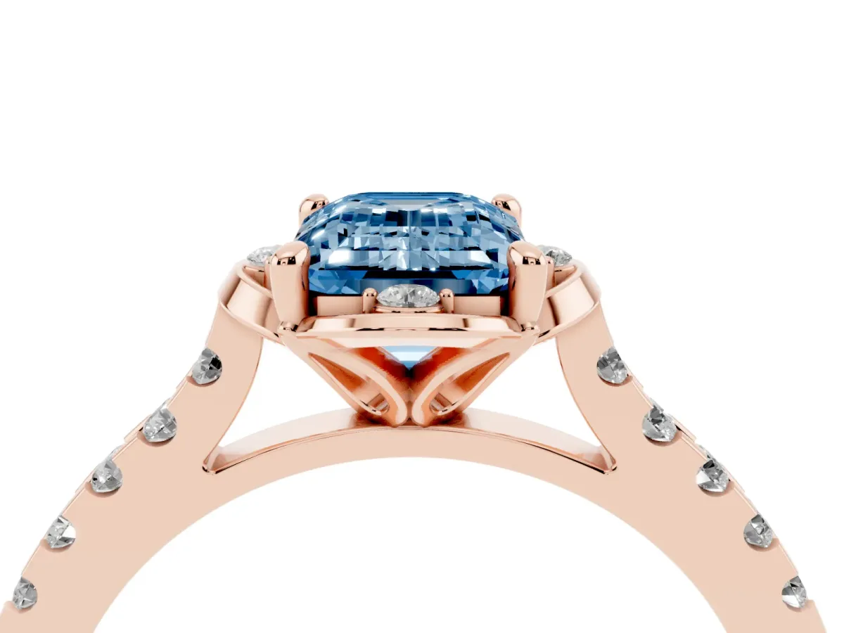 Fancy Blue Emerald Cut Diamond Ring with Pavé Band and Floral Prong Setting Rose gold