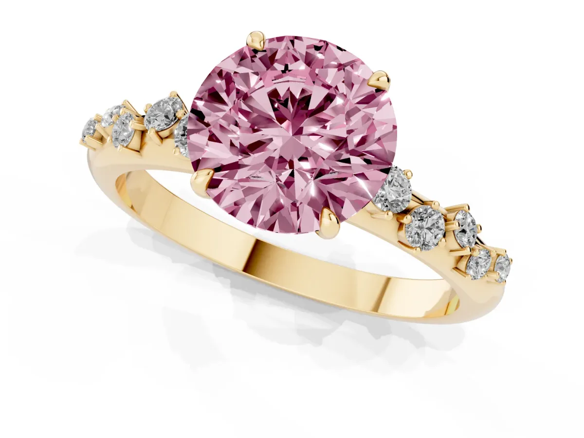 Fancy Pink Round Cut Diamond Cluster Prong-Set Solitaire Ring Yellow gold