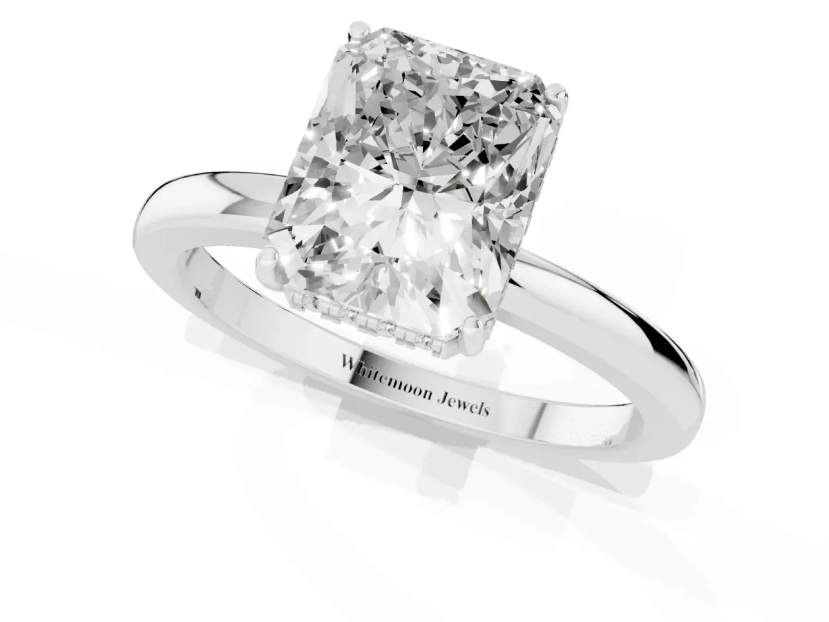 Radiant Cut Solitaire Diamond Ring with Prong Setting and Plain Band Silver